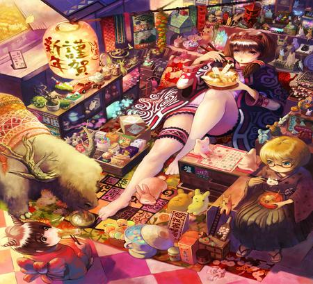 Anime - animals, anime, kimono, food, shop