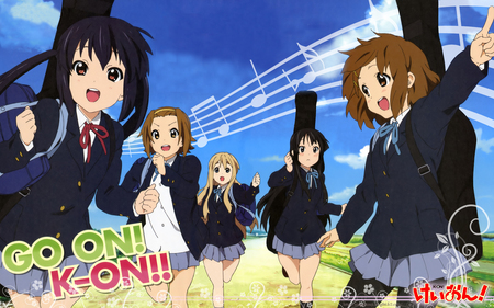 K-On! - tainaka ritsu, bass, long hair, akiyama mio, k-on, nakano azusa, short hair, school uniform, guitar, group shot, kotobuki tsumugi, hirasawa yui