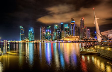 Singapore - people, skyline, night, reflection, view, skyscrapers, golden, sky, clouds, water, beautiful, sea, city, beauty, colors, lovely, architecture, buildings, singapore, colorful, nature, lights, peaceful