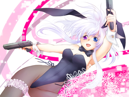 Gun-ny Bun-ny - gun, punny, black, white, playboy, pistols, pink, blue, white hair