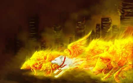 Waves Wolfs of Flames - dogs, wolf, flames, waves, art