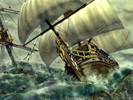 The Sinking - sails, drowning, sea, figurehead, storm, rocks, waves