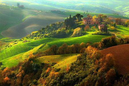 Morning hills - morning, hills, trees, sunlight, peaceful, misty sky, grass, cliffs