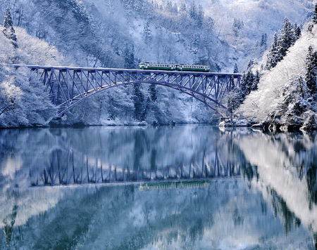 Whistle in the blue - trees, water, winter, mountains, reflections, train, cold, blue, snow, bridge