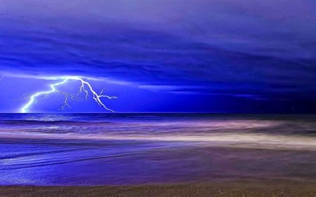 THUNDER BLUE - sky, ocean, beach, blue, lightning, stormy