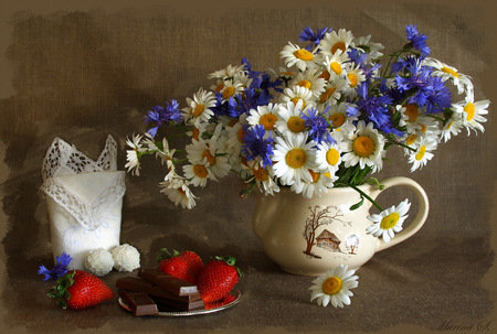 still life - nice, strawberry, photography, bouquet, still life, fruit, vase, cool, beautiful, flowers, chocolate, daisies, photo, flower, harmony