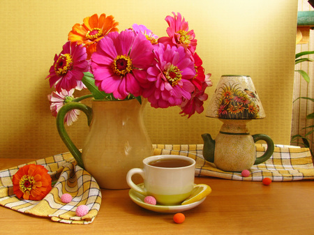 still life - photo, flowers, color, nice, beautiful, photography, tea, cool, still life, sweet, flower, bouquet, jug, drink, harmony, cup, lemon