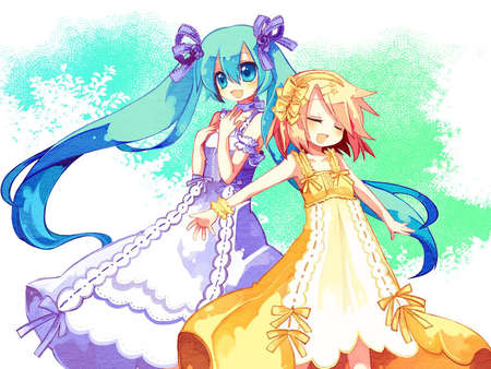 Miku & Rin - twin tails, vocaloid, yellow, miku hatsune, blue, pigtails, hatsune miku, rin, kagamine rin, miku, rin kagamine, cute, vocaloids