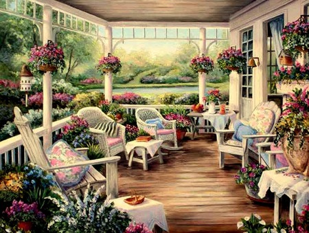 The Veranda - veranda, porch, hanging plants, flowers, chairs, plants