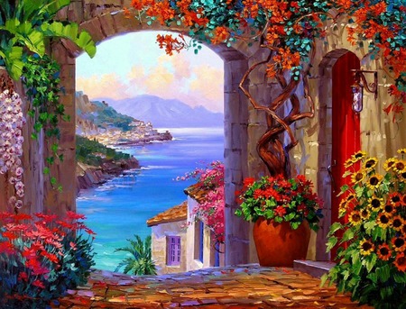 Sea View - house, water, archway, red door, sea, ocean, flowers, courtyard, mountains