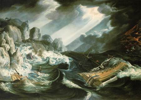 The Wreck of the 'Amsterdam' - wreck, water, capsizing, lightning, storm, rocks, waves