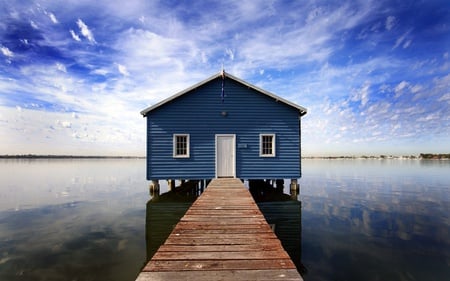 house on the pier - water, beach, ocean, blue, sky, clouds, wet, trees, nature