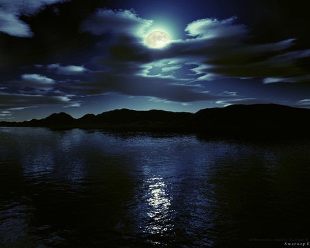 midnight - sky, water, reflection, clouds, moon, dark, wet, nature