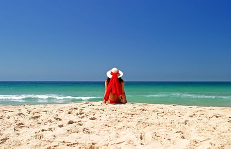 red on the beach - beauty, sky, beach, female, hat, water, wet, model, red, sand