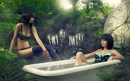 twin girl - sexy, trees, girl, candles, water, nature, reflection, bathcup, green, anime, clock