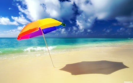 rainbow umbrella - tropical, wallpaper, popular, water, shadows, beach, umbrella, beach umbrella, sand, sky, clouds, beaches, oceans, wet, nature, colors