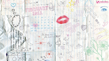 February 2011 - heart, calendar, drawing, abstract, february, kiss, 2011, valentines day, page, smile, flowers