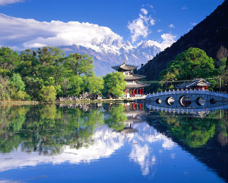 palace in china - nature, sky, trees, reflection, clouds, architecture, water, bridge