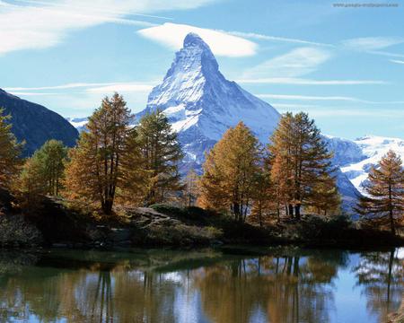 mountain & lake - clouds, trees, beautiful, snow, blue sky, reflection, mountain, autumn, lake