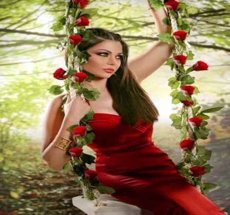 ROSE - swing, roses, woman, red dress, black hair, beauty