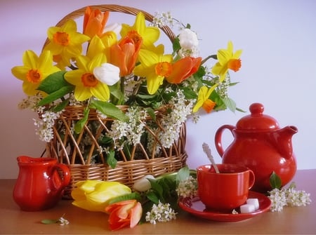 Pretty Flowers - beauty, photography, tulips, daffodils, colorful, basket, still life, white, petal, yellow, petals, tea, daffodil, nature, beautiful, red, tulip, flowers, colors, flower