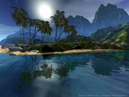 Paradise Island - reflection, palmtrees, water, mountains, sand