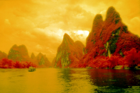 Li River - vergetation, river, yellow, red, boat, mountains