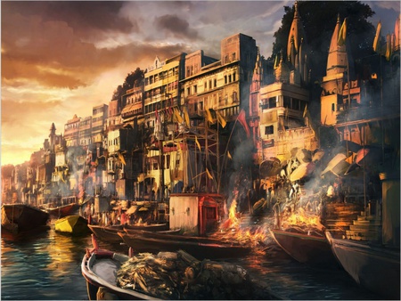 Fire in the Town on the River - fire, town, water, river, arhitecture, drawing