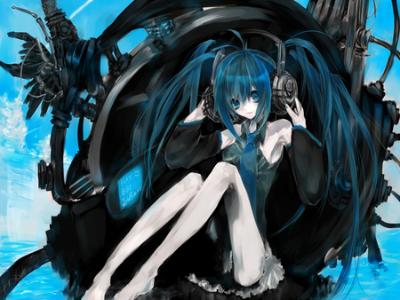 Hatsune Miku - virtual, miku, digital, vocaloids, song, microphone, uniform, singer, gray, cool, headphones, awesome, vocaloid, thighhighs, anime, twintail, clouds, skirt, painting, hatsune, black, cute, beautiful, hot, girl, anime girl, white, program, artistic, pretty, aqua, beauty, drawing, dress, art, diva, sky, nice, tie, sexy, idol, headset, music, hatsune miku