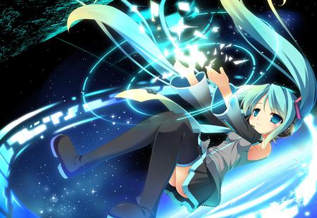 Hatsune Miku - aqua, hot, headset, thighhighs, music, anime girl, white, art, cool, artistic, hatsune miku, sexy, skirt, light, song, teal, space, vocaloids, glow, program, vocaloid, beautiful, uniform, diva, drifting, beauty, nice, twintail, singer, black, virtual, pretty, idol, anime, miku, cute, stars, girl, hatsune, microphone, headphones, blue, tie, awesome, digital, gray