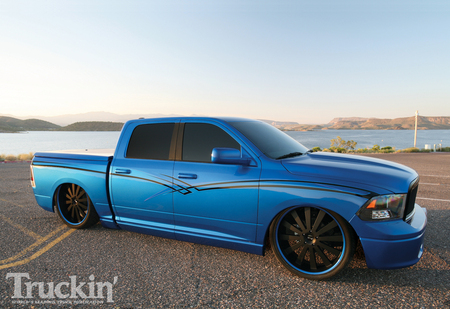 Dodge Ram - lowered, black wheels, blue, truck