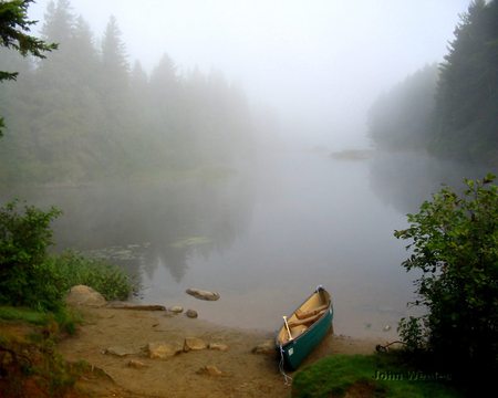 Misty Morning - misty, lake, morning, canoe