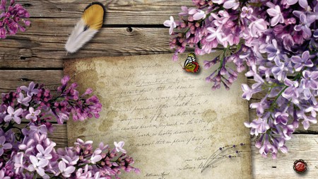 Lovely Lilacs - butterflies, letter, script feather, lilacs, firefox persona, old letter, vintage, butterfly, paper