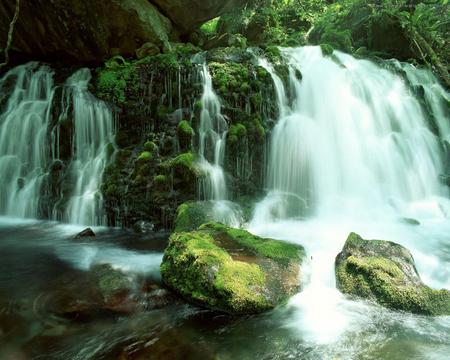 beautiful waterfall - greens, trees, big, waterfall, beautiful, stones