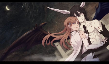 Orihime & Ulquiorra - inoue orihime, anime, night, dark, horns, bleach, ulquiorra, orihime inoue, ulquiorra shiffer, sky, arrancar, clouds, moon, espada, duo, orihime, wings