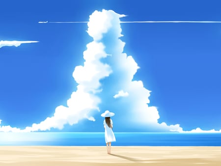 Waiting for you - love, beach, sky, sadness, girl, summer, waiting, white, cloud, clouds, seashore, blue, anime, sea