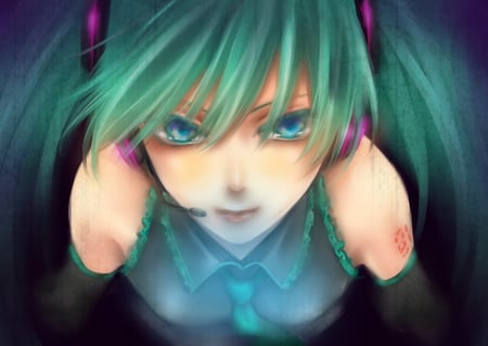 hatsune miku - tie, twin tails, anime, speaker, girl, blush, looking, drawing, headphones, tears in eyes