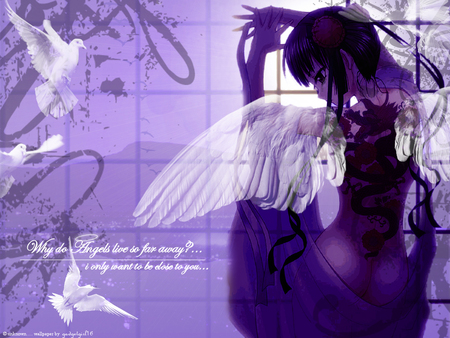 Why do angels live so far away - beauty, sexy, hot, angel, wings, anime girl, tattoo, purple, beautiful, cute