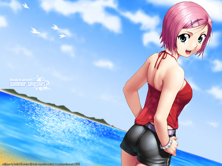 Summer splashes - cute, beauty, beautiful, beach, hot, anime girl, ocean, pink hair, sexy, sea