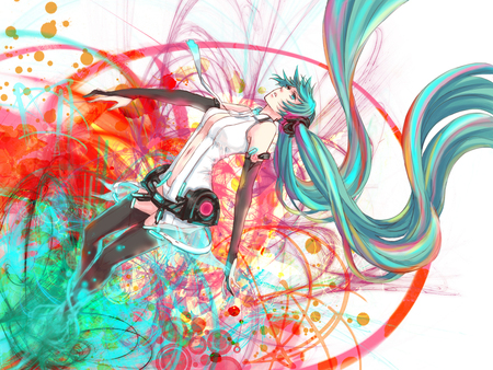 miku - twin tails, pretty, belt, headphones, miku, girl, colourful, long hair