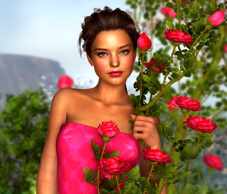 Rose vines - woman, trees, roses, red, pink dress, mountains, spring, vines