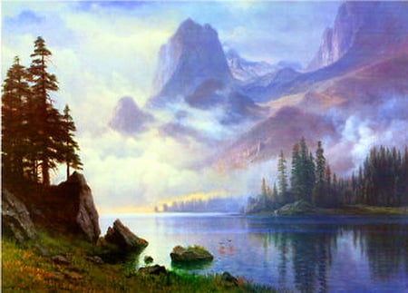 Awakening mists - clouds, reflections, mists, trees, water, morning, cliffs, mountains, rocks