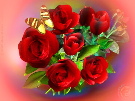 Sweet landing - roses, red, yellow and brown, butterfly, green leaves, bouquet