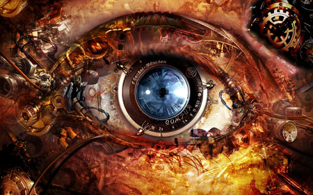 Through Steampunk Eyes - cogs, eye, dials, fantasy, abstract, lens, artwork, steampunk, gears