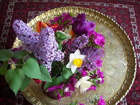 Spring is served - flowers, gold plate, white, yellow, purple, spring, colors, green leaves