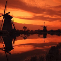 windmills at sunset