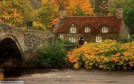 Home - house, river, arhitecture, autumn, home, bridge