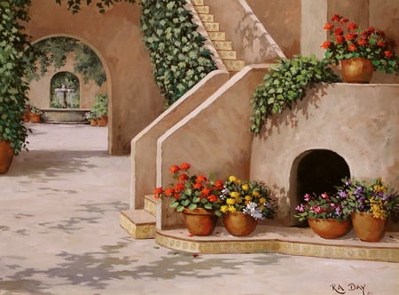     Archway  fountain  - stairs, flowerpots, fountain, door, courtyard, archway, vines