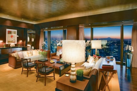 Living Room - beauty, sky, sofa, design, room, colorful, sunset, chairs, hotel, view, modern, pretty, window, table, interior, architecture, lamp, vases, buildings, lovely, living room, vase, skyscrapers, chair, luxury, skyline, lamps, beautiful, colors, flowers, lights