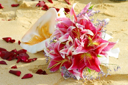 Bouquet - flowers, beach, bouquet, shell, still life, romance, sand, petals, photography, romantic, rose petals